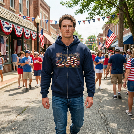 America’s 250th Anniversary Zip Hoodie – 1776-2026 Patriotic Fireworks Full-Zip Sweatshirt