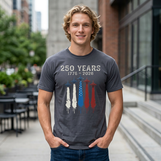 250 Years 1776–2026 Anniversary T-Shirt — Patriotic Jet Flyover Design