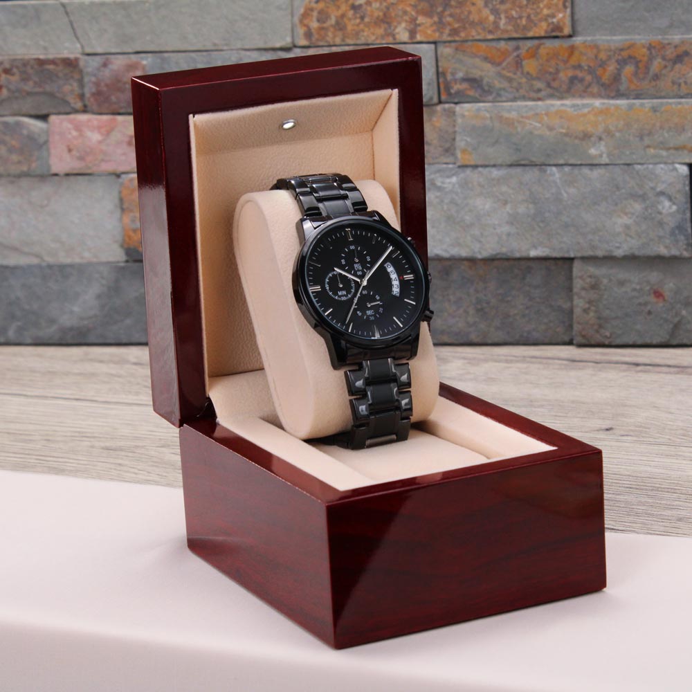 To My Husband – Forever Yours | Personalized Engraved Black Chronograph Watch